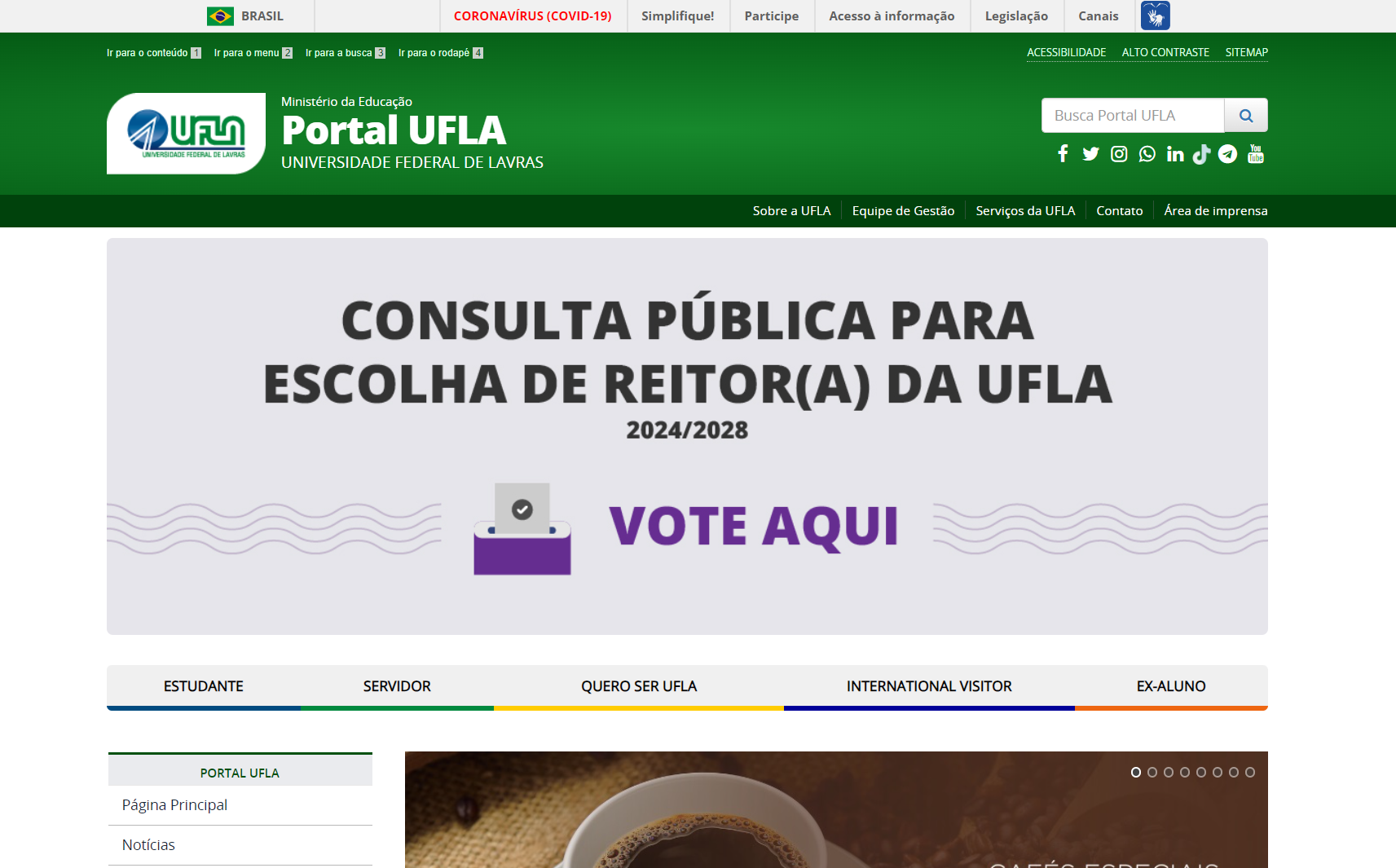 Imagem do Portal UFLA com o banner de votação.